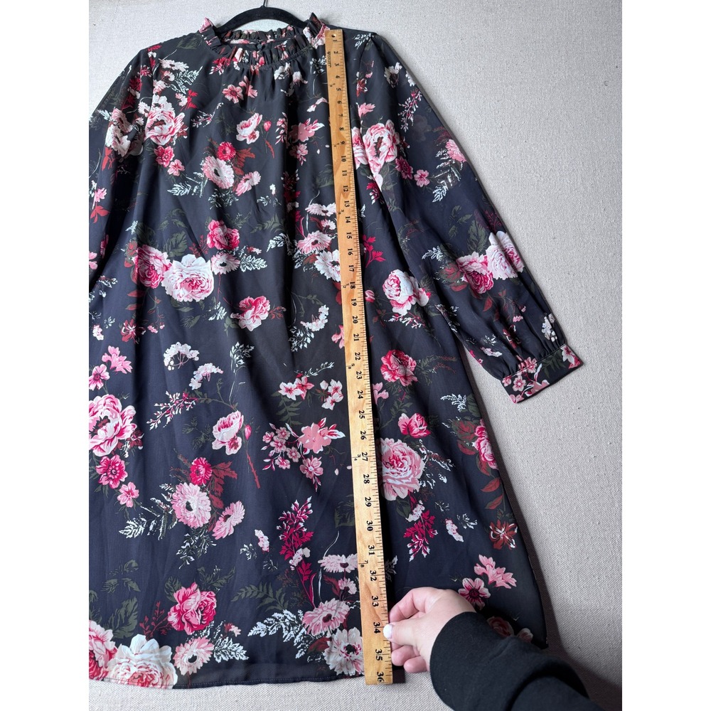 Loft Outlet Women Black Pink Floral Ruffle Neck Long Sleeve Shift Dress Size 4 - Picture 4 of 7